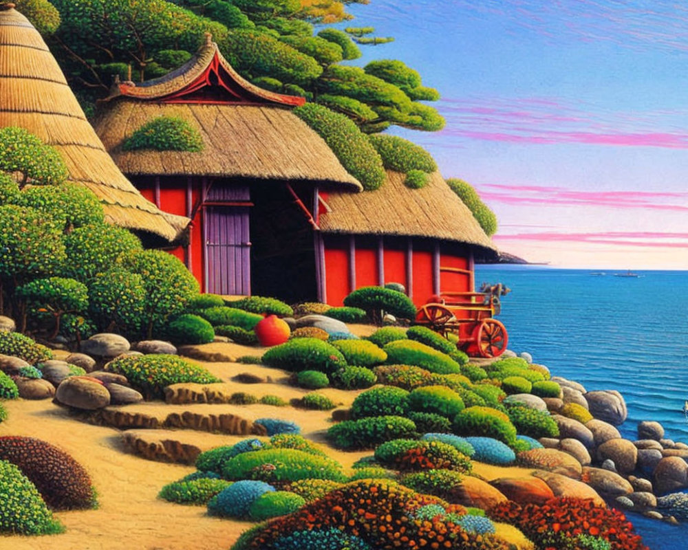 Vibrant seaside illustration with thatched huts, bushes, cart, ocean, and pastel