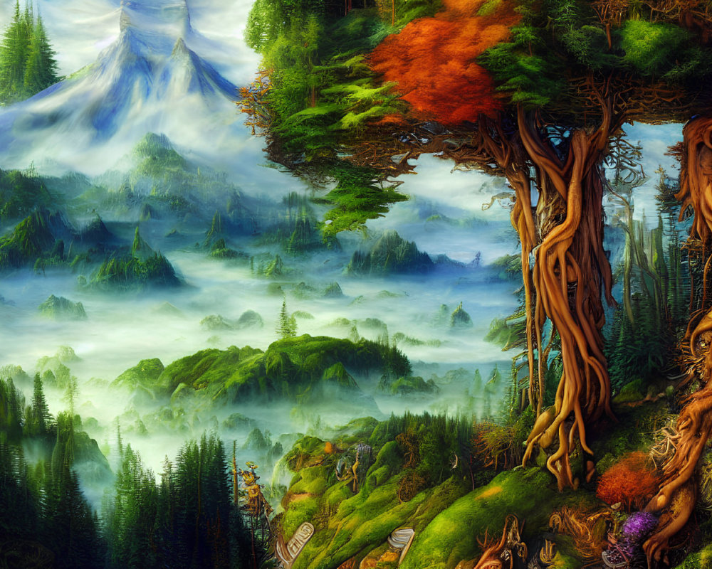 Mystical landscape with towering trees, intertwined roots, lush foliage, and misty mountains