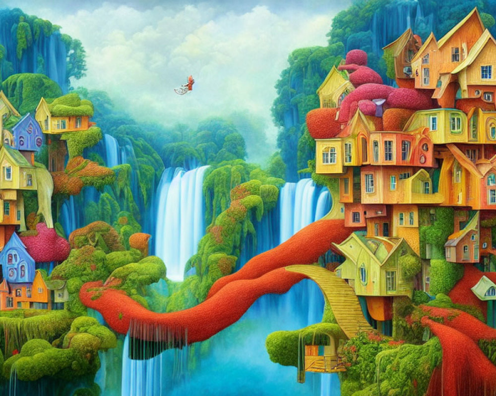 Colorful Cliffside Houses, Waterfalls, and Paragliding Scene