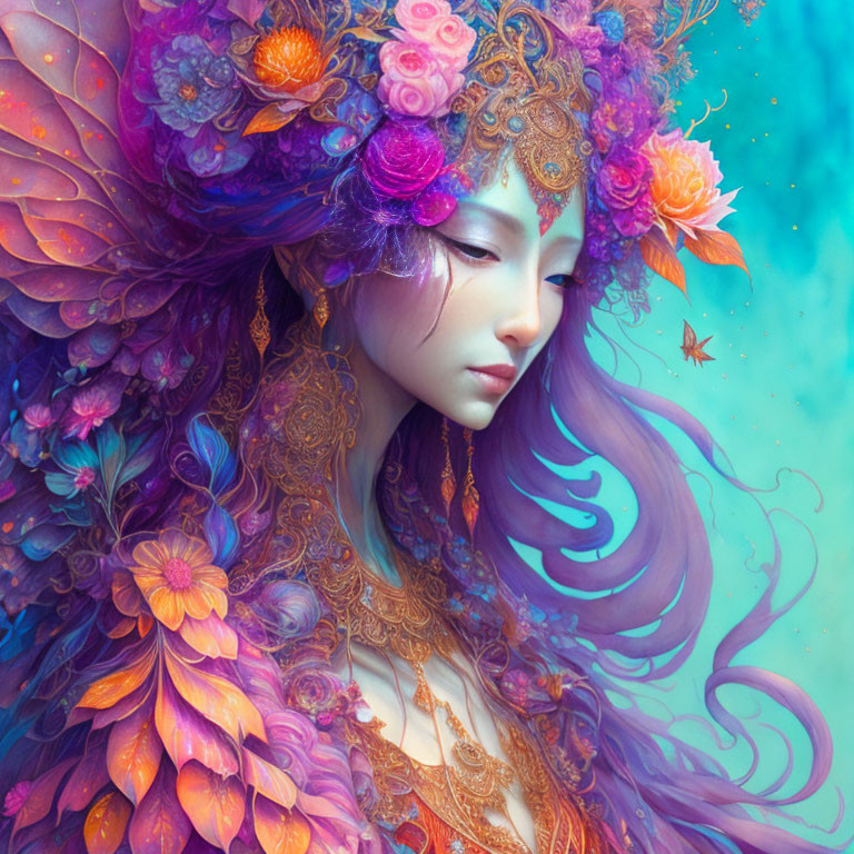 Colorful Feminine Figure with Ornate Floral Headgear & Feathered Wings