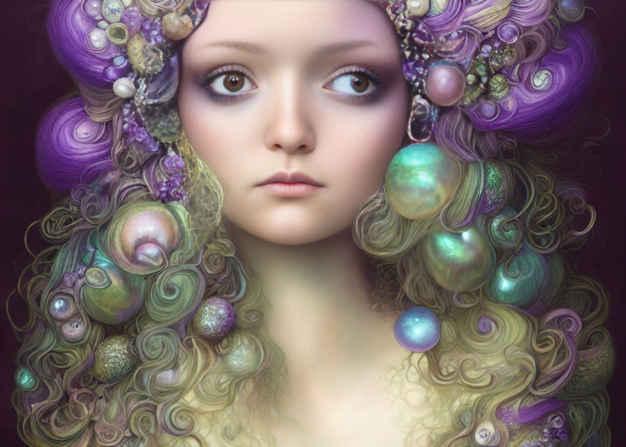 Digital artwork of woman with expressive eyes & purple hair adorned with pearls and shells, showcasing underwater theme.