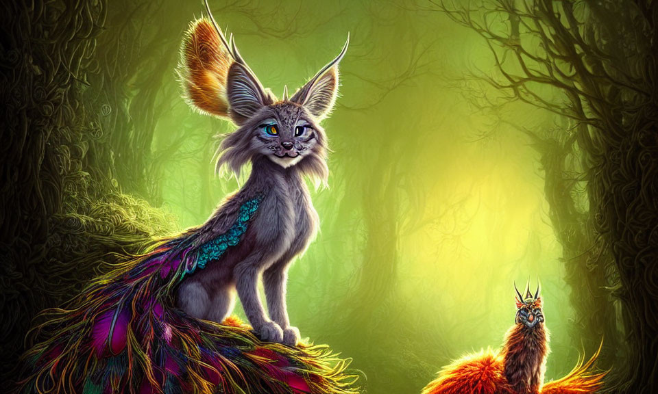 Majestic cat-like creature with peacock tail in mystical forest