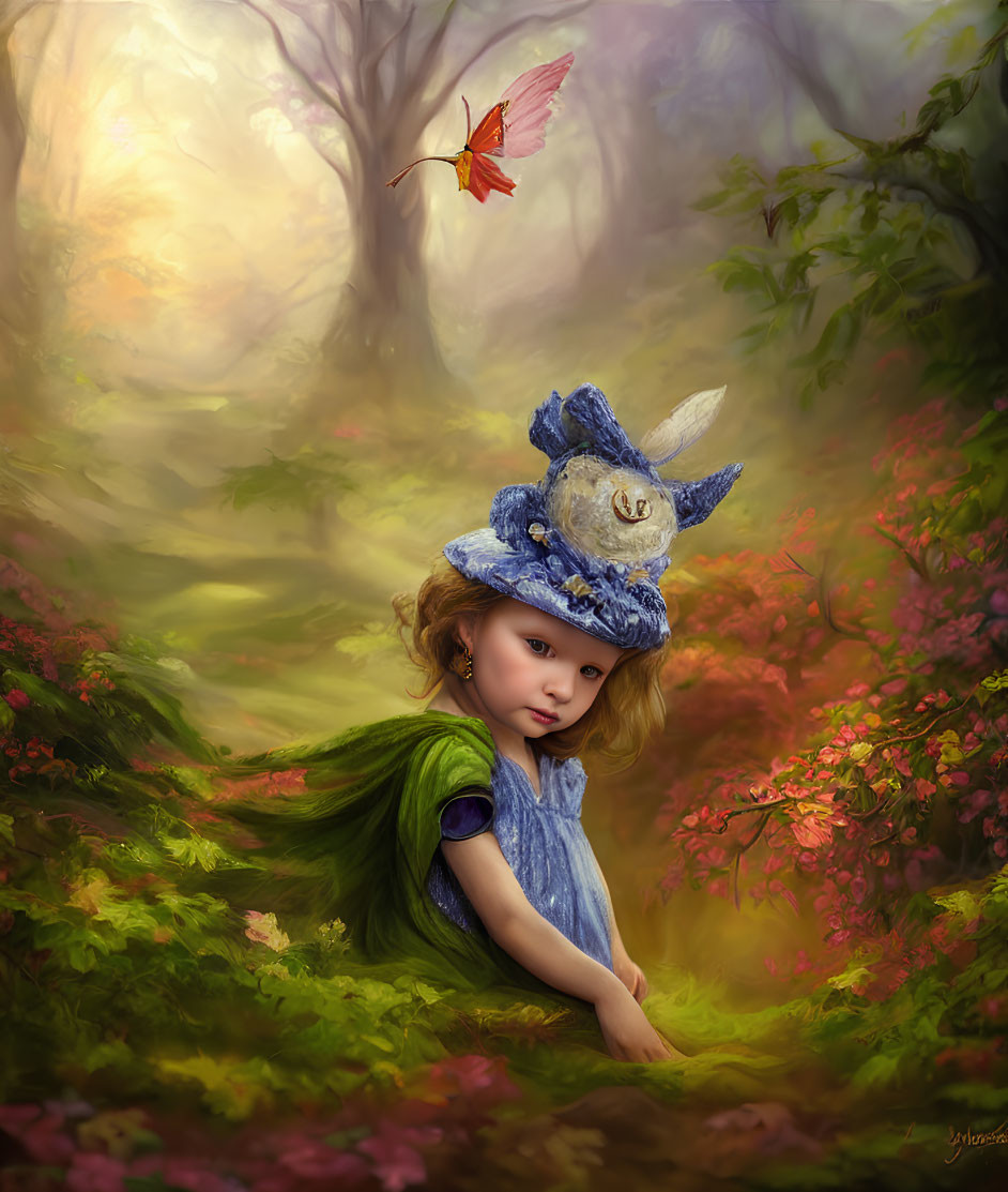 Young girl in blue dress and bird-adorned hat in mystical forest with flowers and butterfly