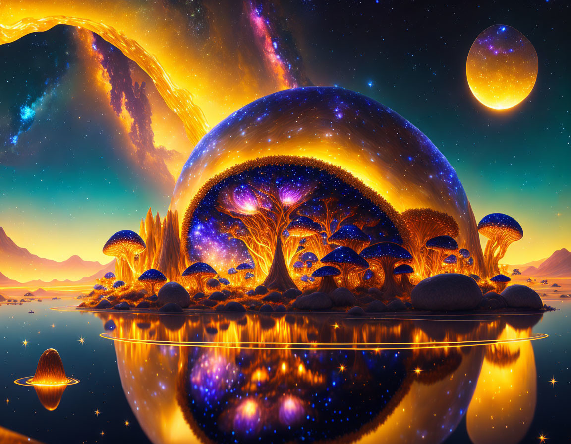 Vibrant cosmic landscape with glowing trees and mushrooms by reflective water