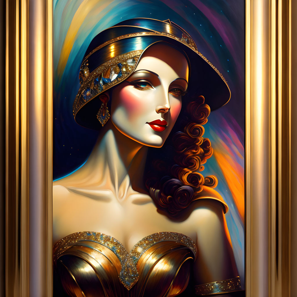 Stylized woman portrait with jeweled headpiece and golden gown