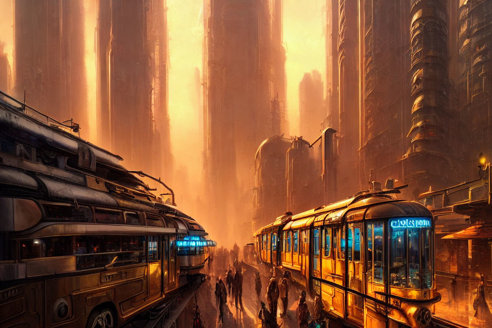 Futuristic city street with skyscrapers and retro-futuristic trams