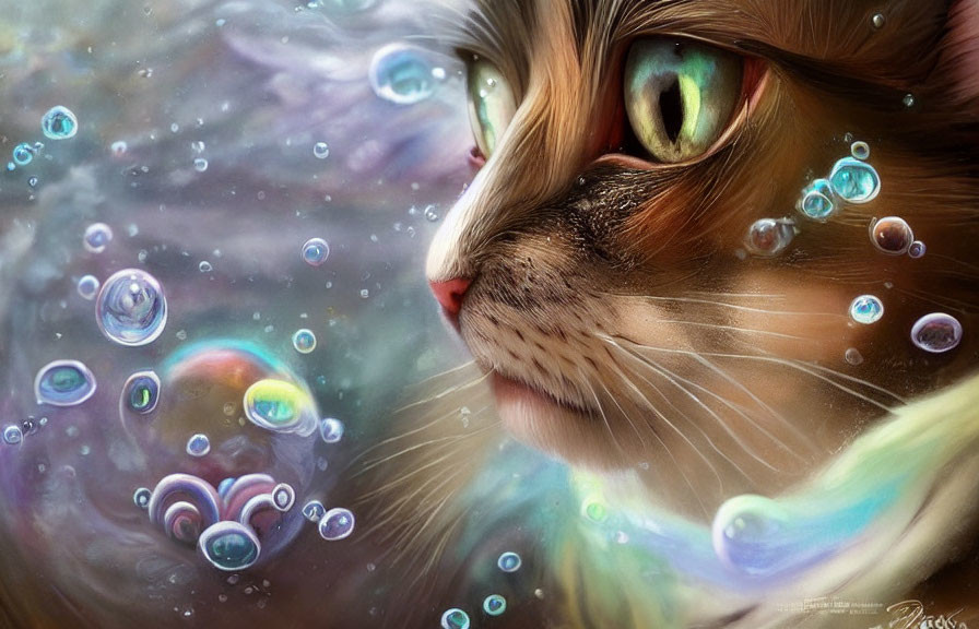 Close-up of cat with green eyes in whimsical backdrop of iridescent bubbles