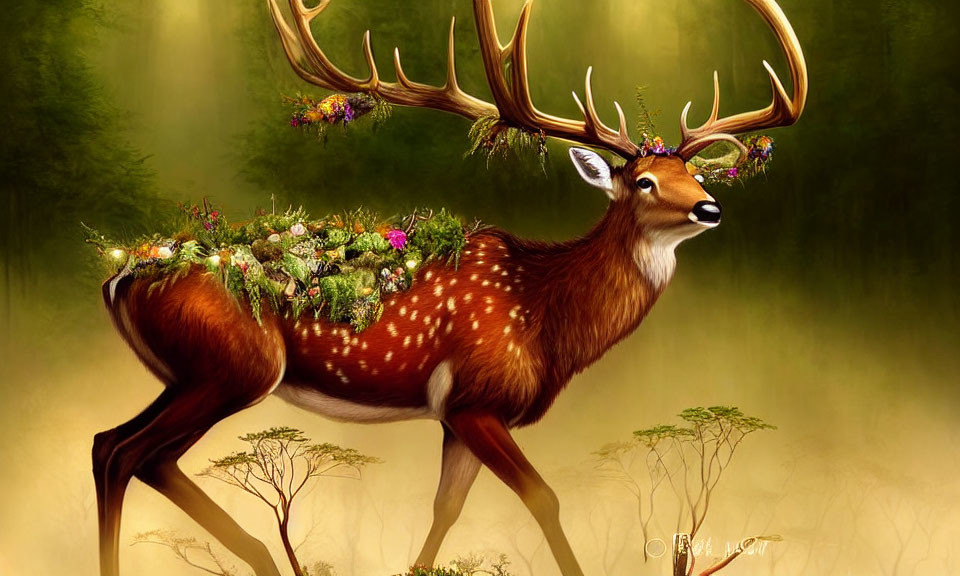 Majestic deer with garden back and branching antlers in forest landscape