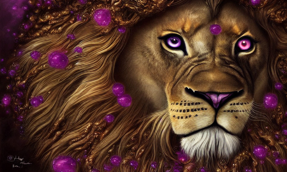 Majestic lion digital art with purple eyes and glowing orbs