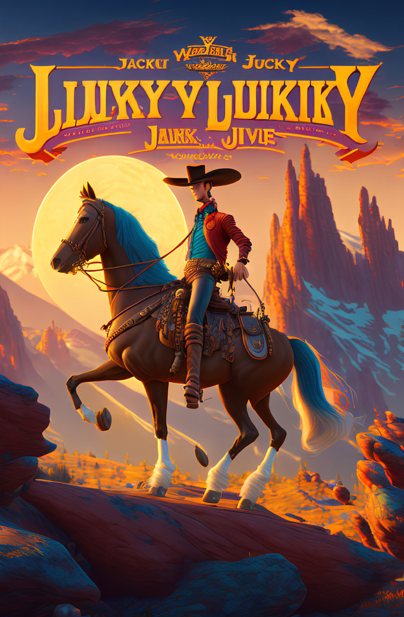 Western-themed poster with character on horseback in desert sunset