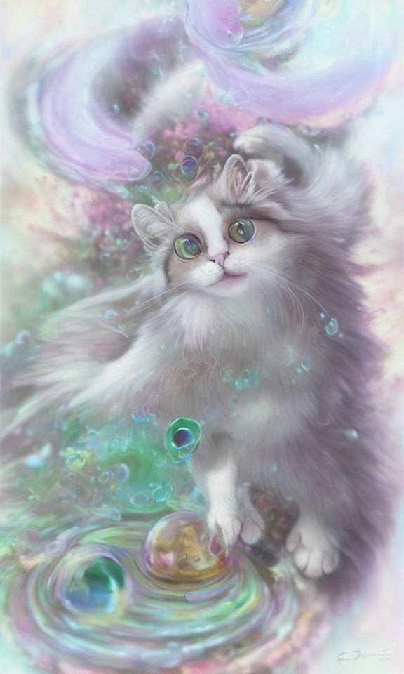 Fluffy cat with green eyes plays with bubbles in dreamy scene