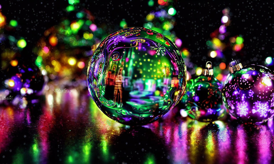 Colorful Christmas Baubles on Glittery Surface with Bokeh Lights