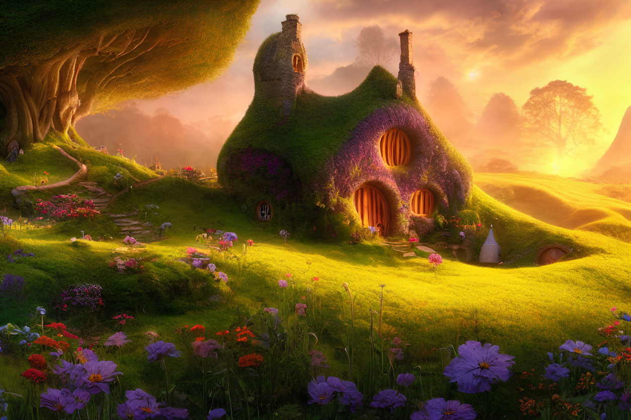 Moss-Covered Fairytale Cottage in Flower-Filled Meadow at Sunrise