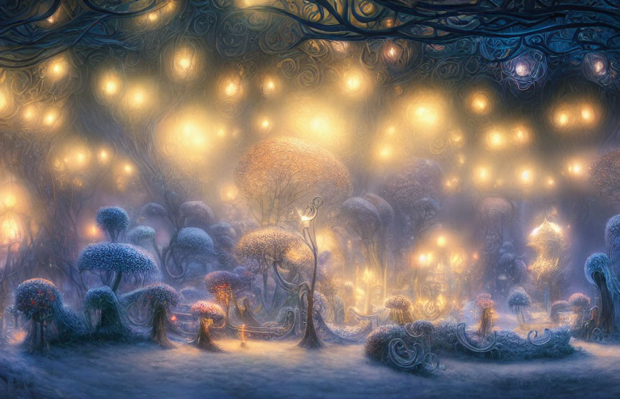 Enchanting forest with glowing orbs and whimsical trees