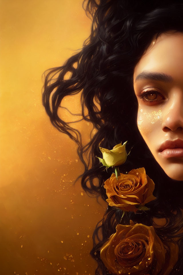 Close-up Portrait with Dark Curly Hair, Expressive Eyes, and Gold Roses