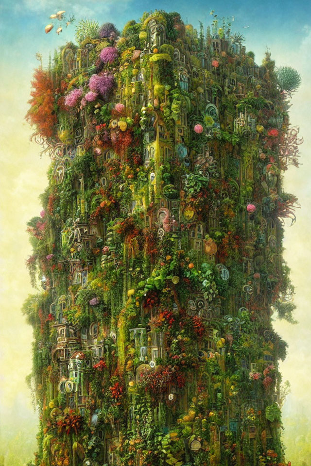 Fantastical vertical garden with diverse flowers, doors, and pathways