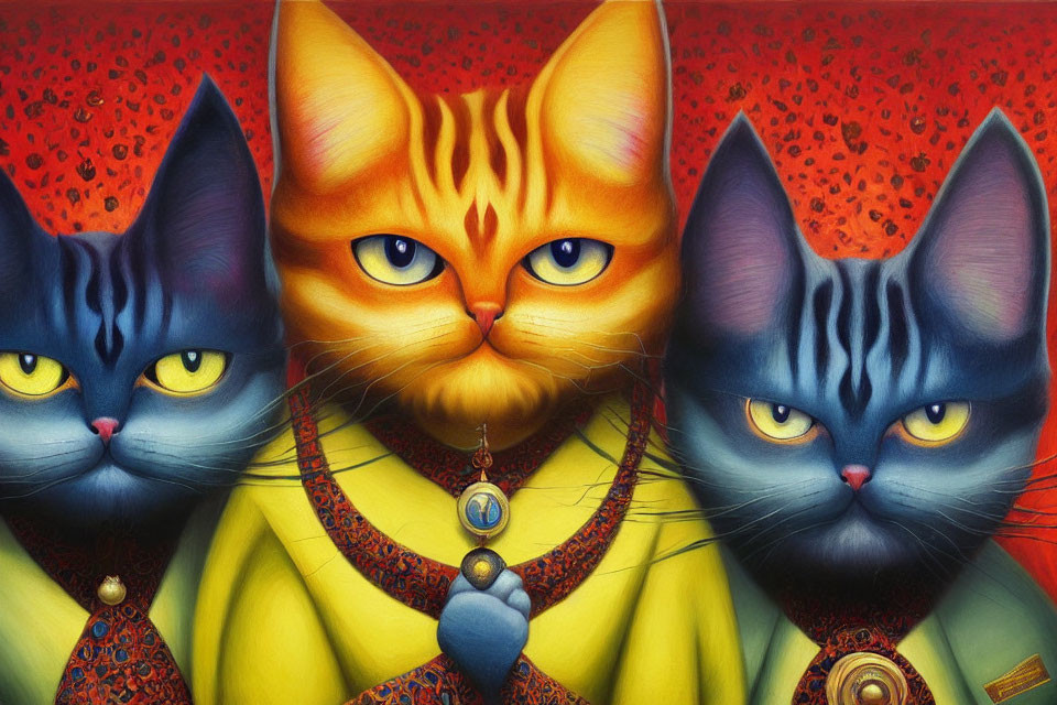 Three anthropomorphic cats in business attire with ties, one orange cat holding a pendant