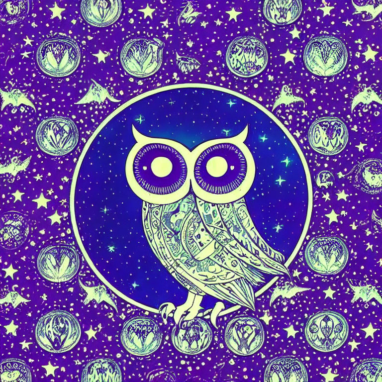 Colorful Owl Illustration on Starry Purple Background