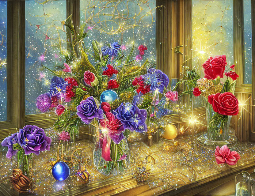 Colorful bouquet of roses and blue flowers by a window with Christmas decorations and snowy landscape.