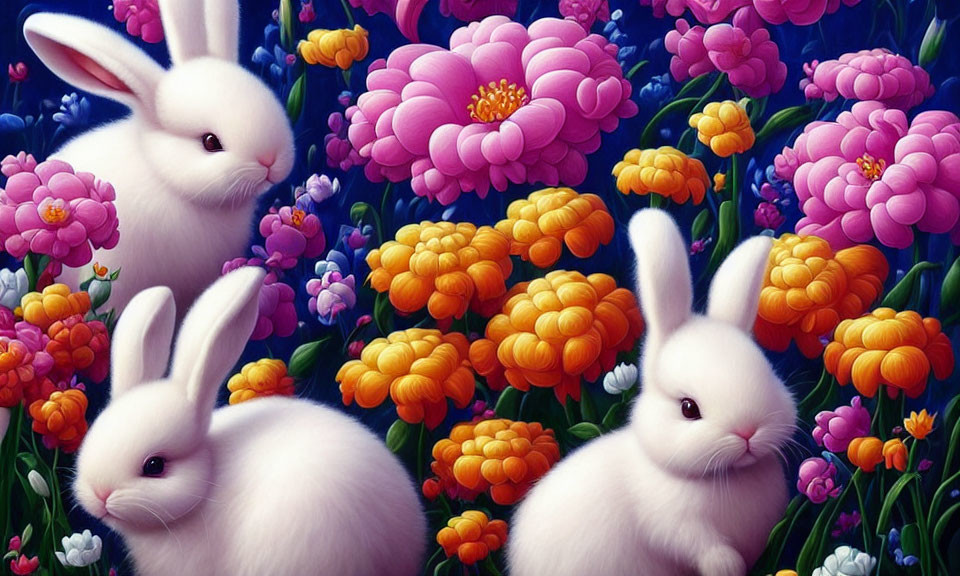 Three White Rabbits Surrounded by Colorful Flowers on Dark Blue Background