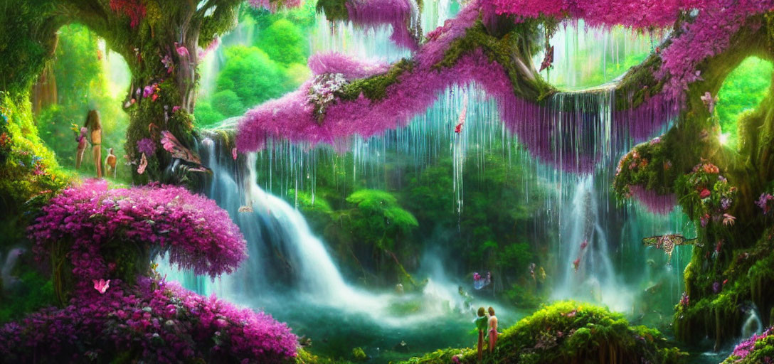 Fantastical landscape with waterfalls, greenery, and solitary figure