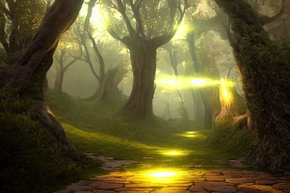 Enchanting forest path with soft sunlight through dense canopy