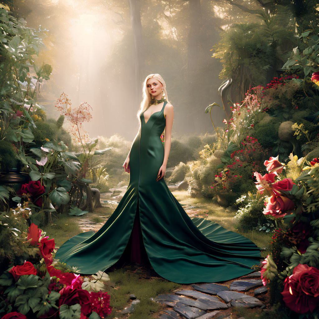 Woman in elegant green gown surrounded by lush garden with vibrant red roses and sun rays.