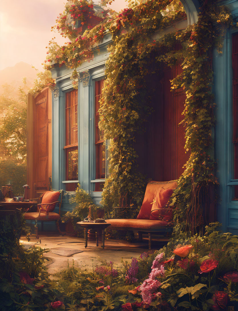 Sunlit porch with blue wooden walls, lush greenery, vibrant flowers, wooden table, red cushion