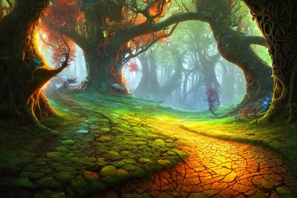 Enchanting forest path with moss-covered stones and mist