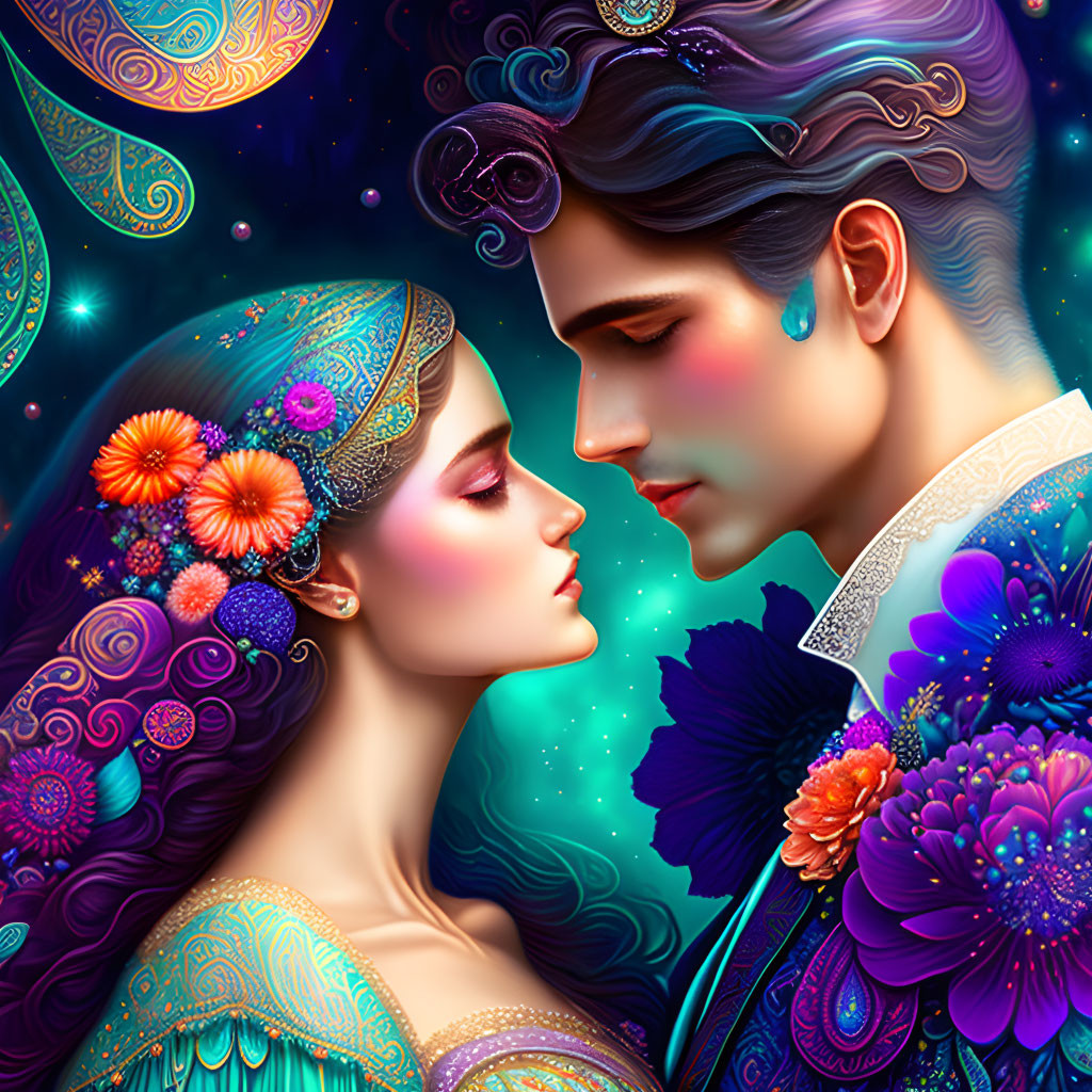 Colorful Illustrated Couple with Cosmic Backgrounds in Intimate Pose