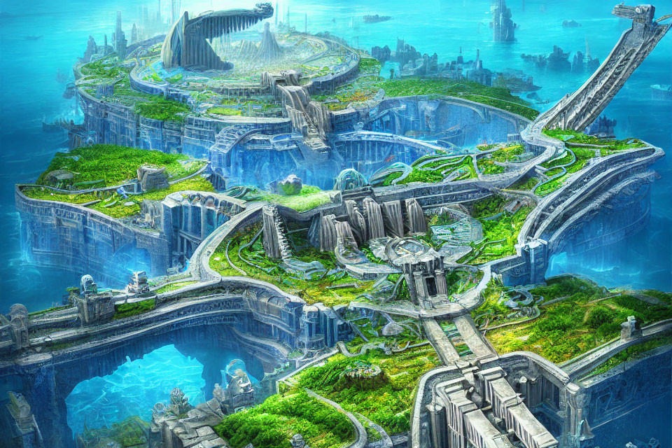 Fantastical underwater city with lush greenery and intricate architecture