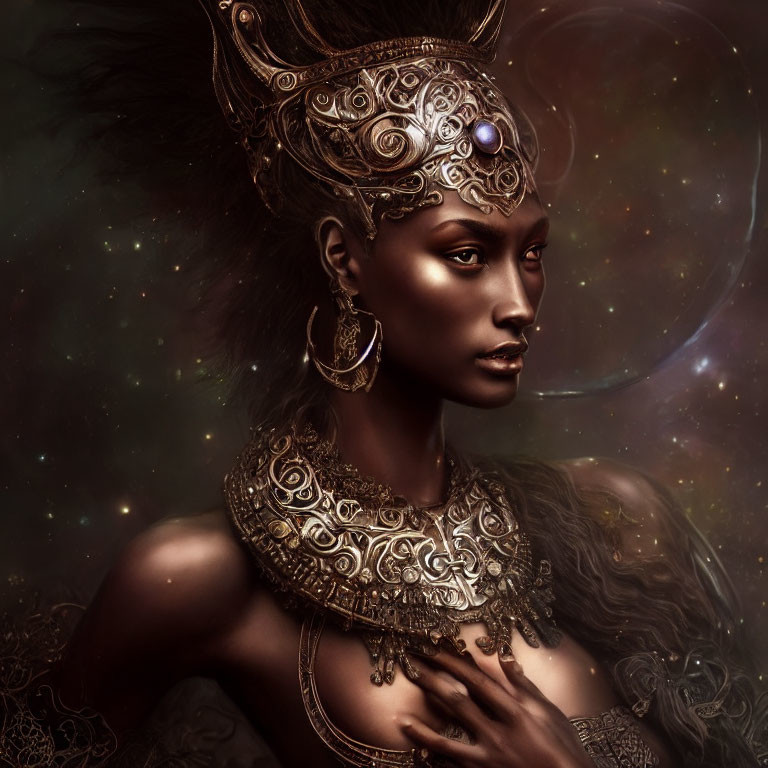 Elaborate golden headgear adorns regal woman against cosmic starry background