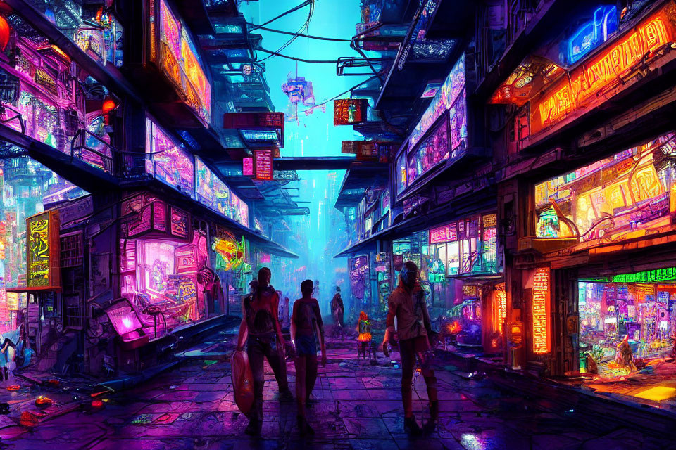 Vibrant cyberpunk cityscape: neon signs, dense architecture, pedestrians under illuminated billboards.