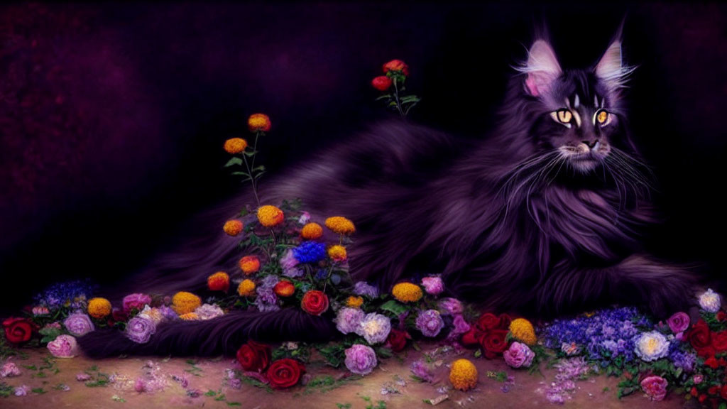 Majestic black cat with striking eyes among vibrant roses