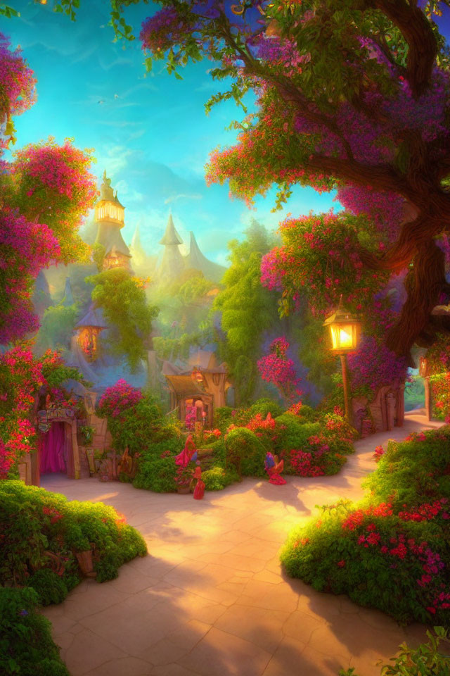 Vibrant Flower Pathway with Glowing Lanterns & Whimsical Cottages