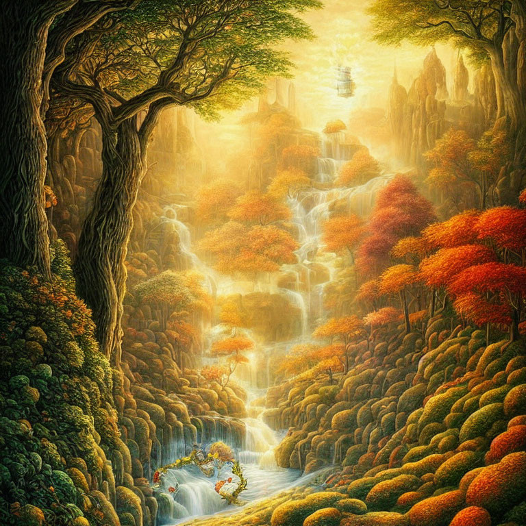 Ethereal forest with autumn colors, waterfall, and distant castle