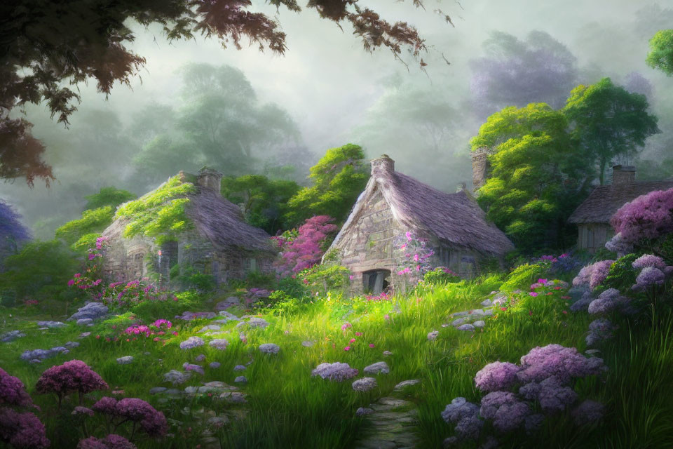 Tranquil landscape with quaint cottages, lush gardens, purple flowers, serene lighting, misty