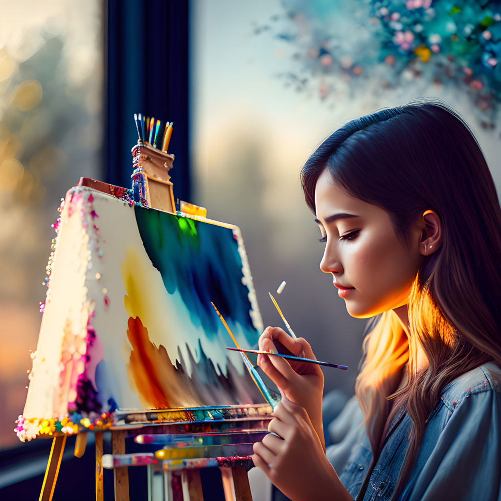 Young woman painting vibrant colors near window with natural light.