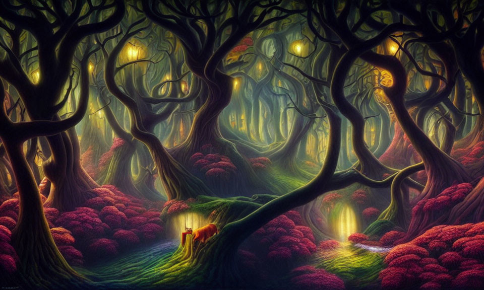 Mysterious Twilight Forest with Twisted Trees and Glowing Lanterns