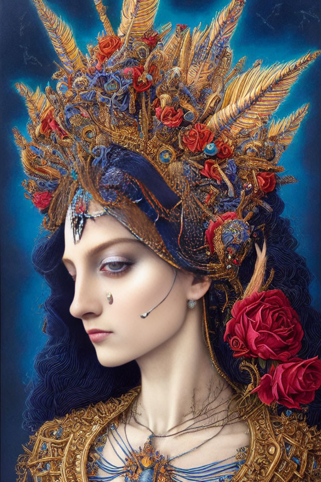 Woman in Golden Headdress and Blue Outfit with Starry Background