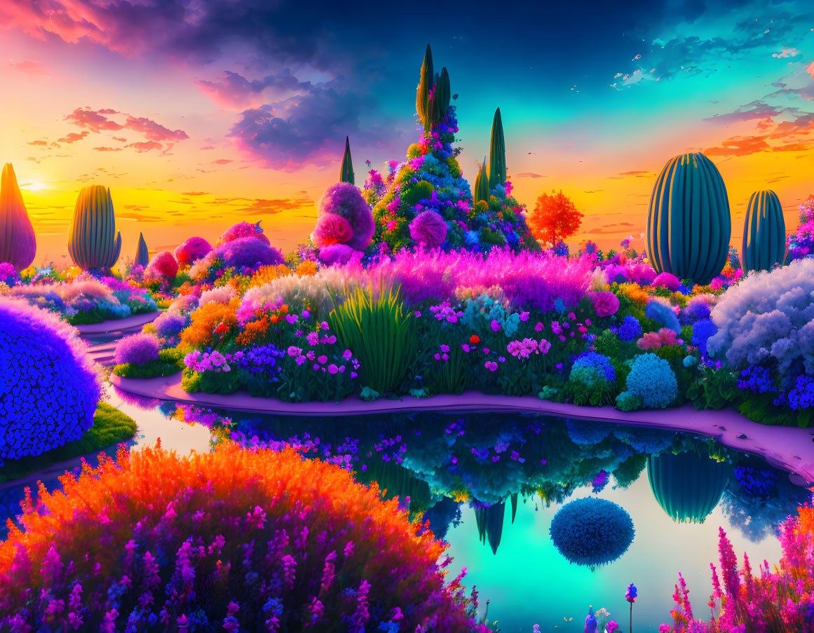 Colorful surreal landscape with flowers, cacti, and serene water under sunset sky