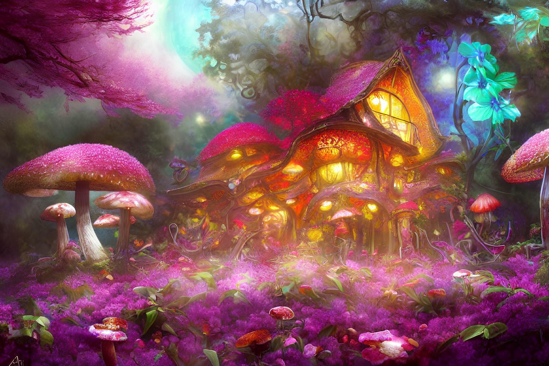 Whimsical mushroom house in colorful forest scene