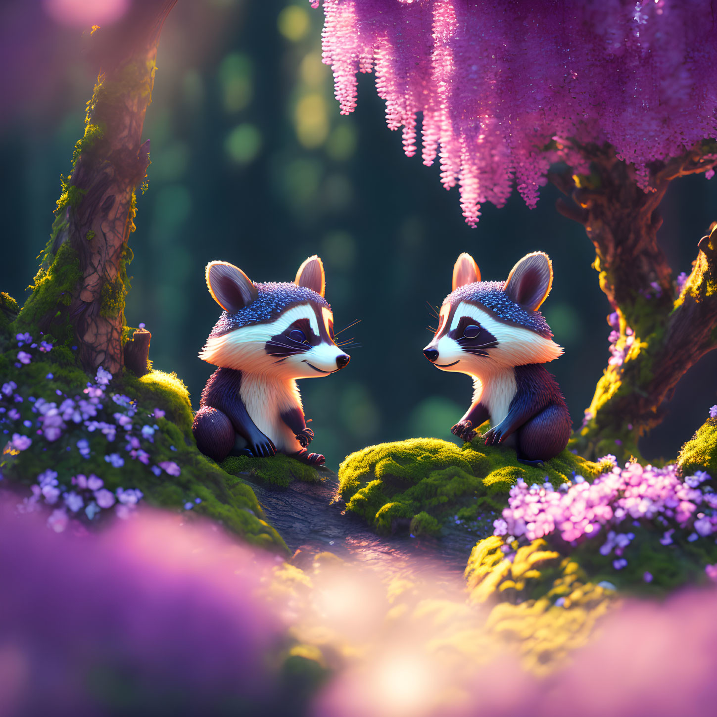 Animated raccoons in forest setting with purple flowers and soft lighting