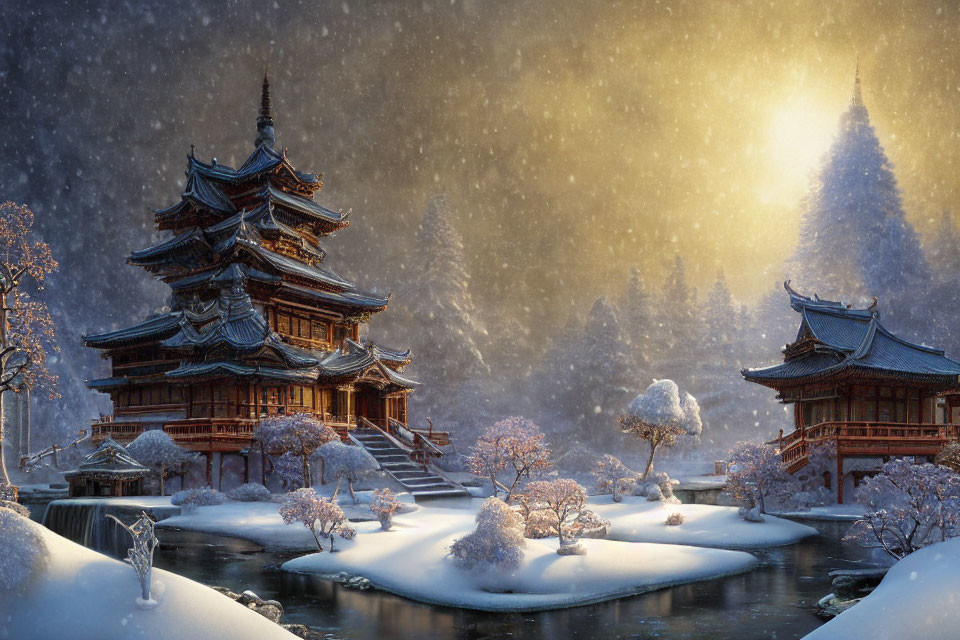 Snowy landscape with traditional Japanese pagodas under soft sunlight