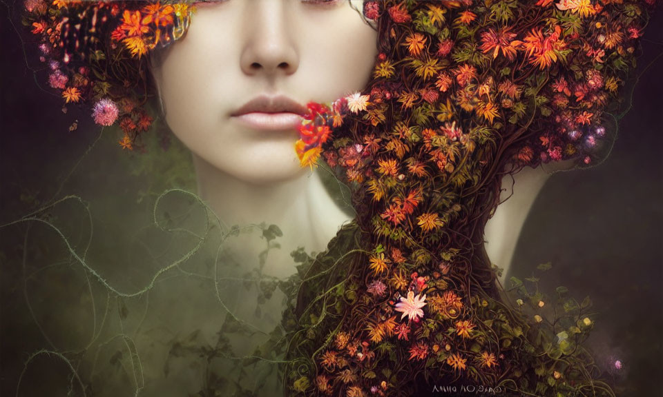 Colorful Floral Silhouette Portrait of Woman in Tranquil Setting