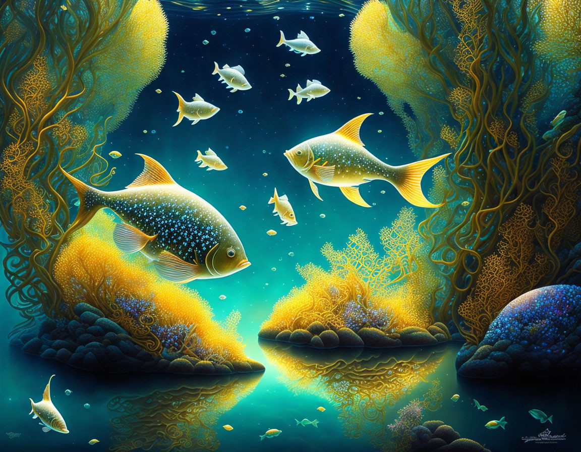 Colorful coral reefs with golden fish in serene underwater scene