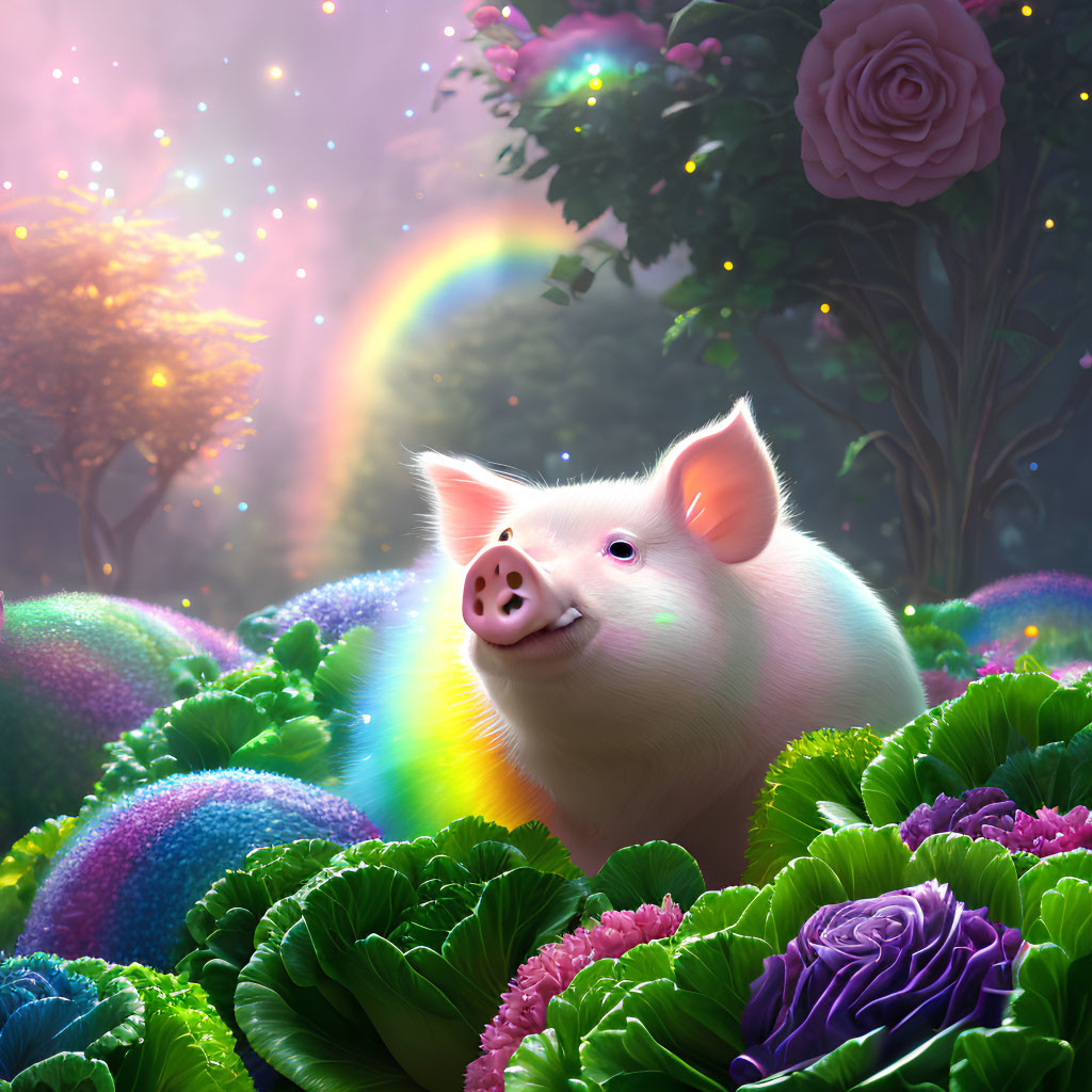 Colorful piglet surrounded by flowers and rainbow in whimsical scene