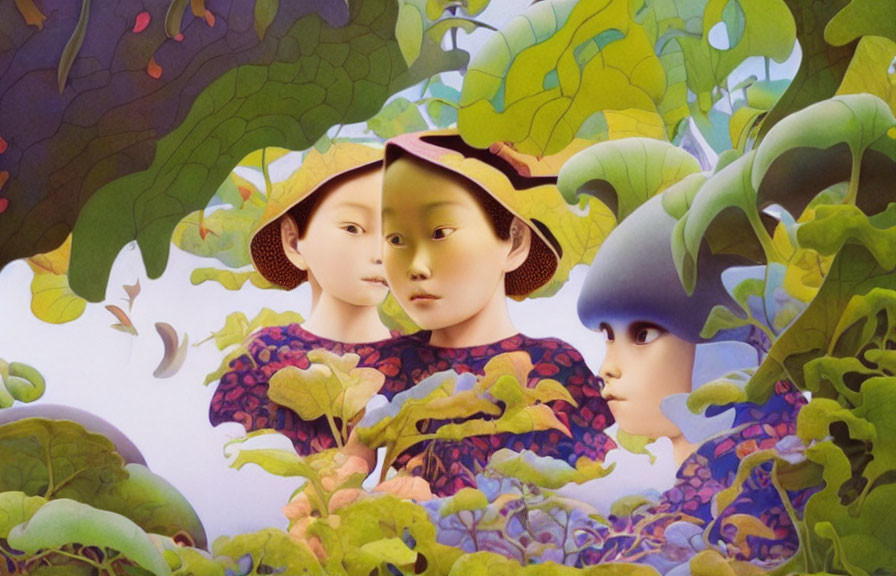 Stylized characters with unique headwear in vibrant foliage landscape