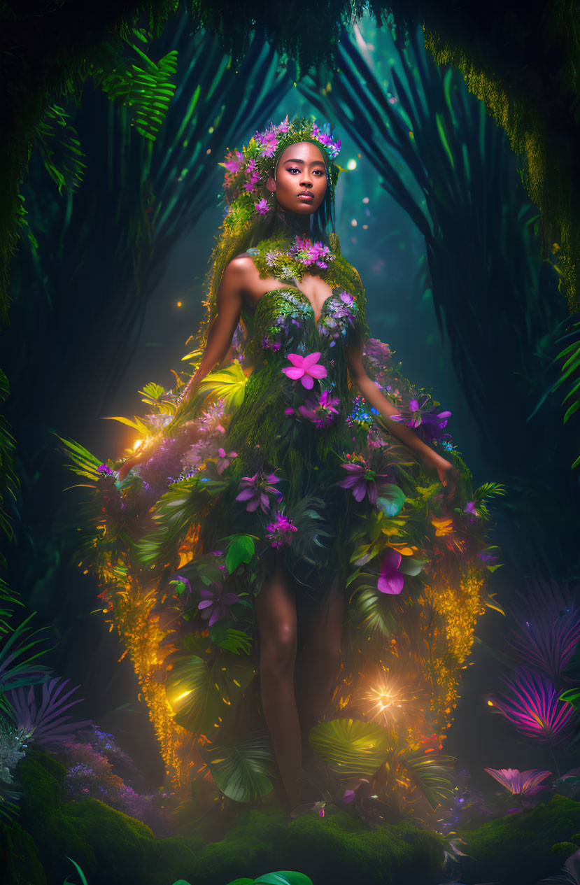 Mystical woman surrounded by vibrant flowers in neon-lit forest