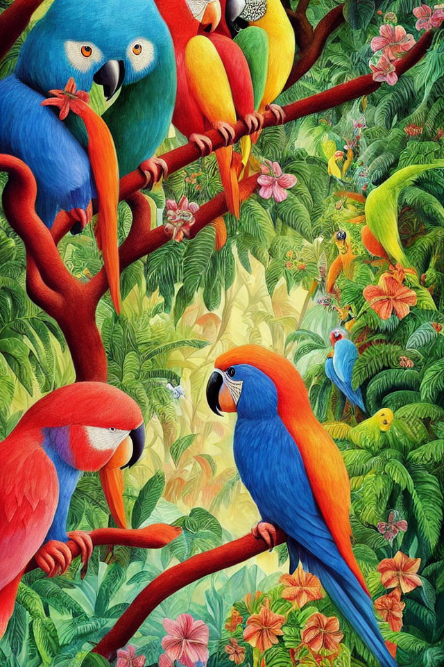 Vibrant Parrots Perched on Branches in Tropical Scene